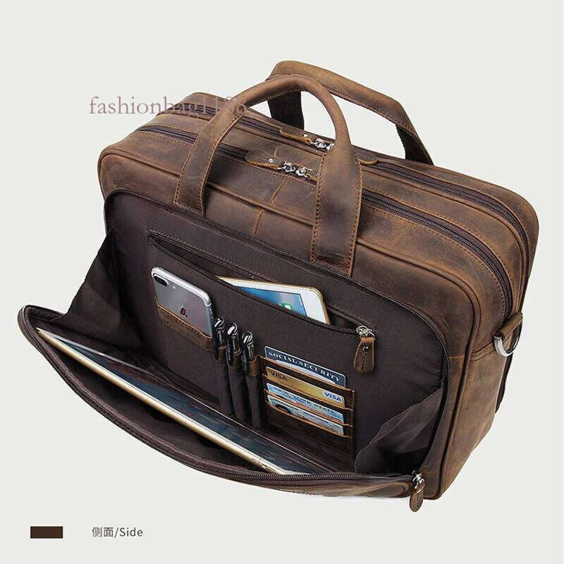 High Quality Genuine Men Briefcase Business bag Crazy Horse Leather Large 17"inch Laptop Bag male Portfolio Office Case