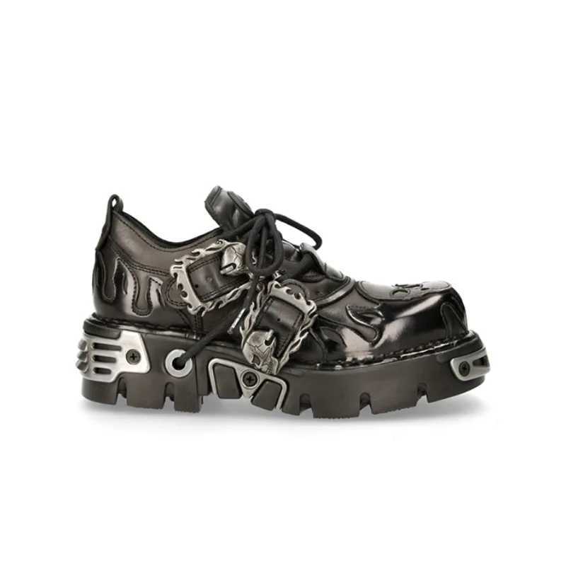 Limited Release Dark Punk Style Black Leather Shoes with Chunky Soles and Metal Embellishments W250922