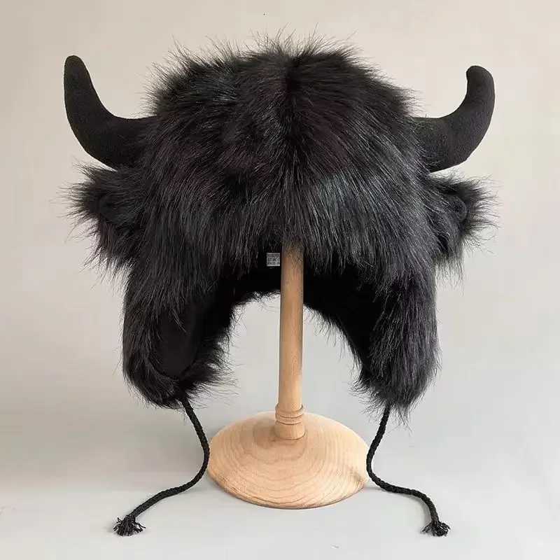 2025 Big black cow fur thundeolt hat winter warm ear protection personty windproof cold riding electric car cotton hat Y250920
