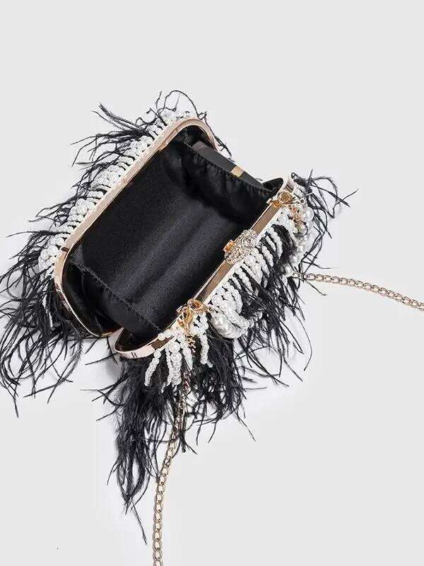 Designer Luxury Luxy Moon Designer Ostrich Fur Feather Wallet Women Clutch Dia Knuckle Rings Dinner Evening Bag Chain Purse