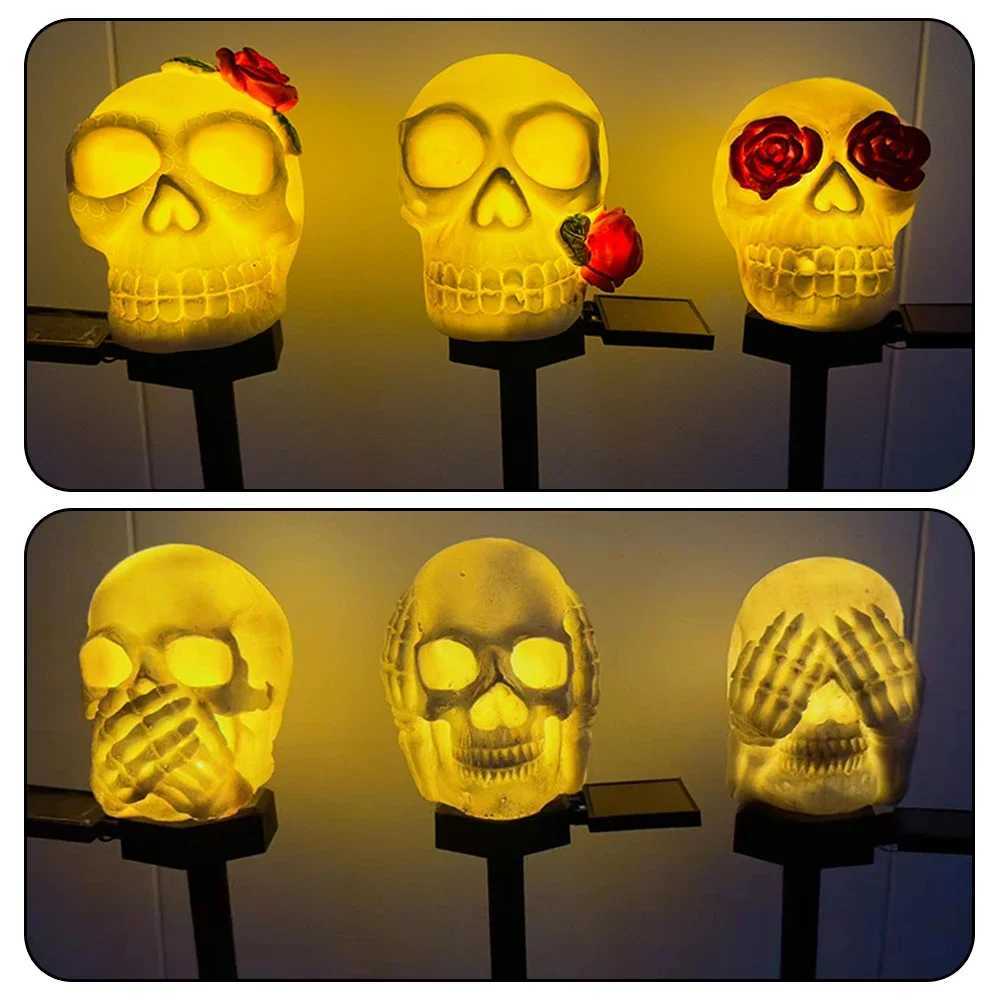 Halloween Skull Head Decor Lawn Lamp Outdoor Garden Yard Solar Powered Pathway Atmosphere Light String Lantern Holiday Party C250922