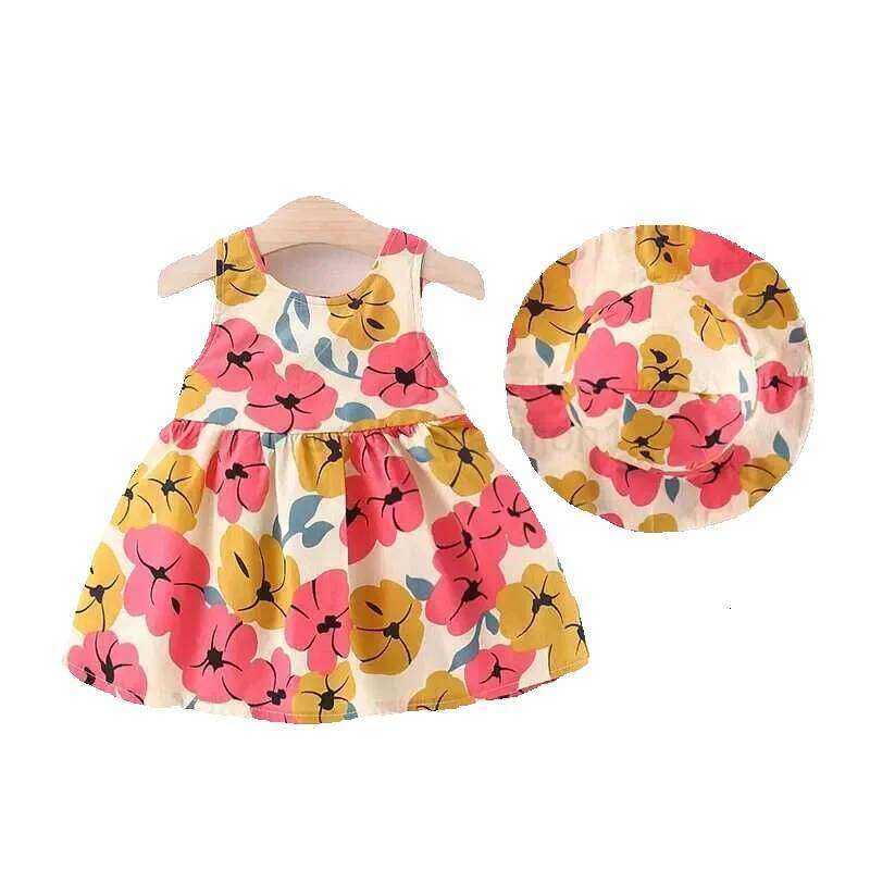 Summer Baby Flower Print Bow Princess Party Dress Hat Girl Outfits Children Clothes Set Toddler Infant Newborn Dress