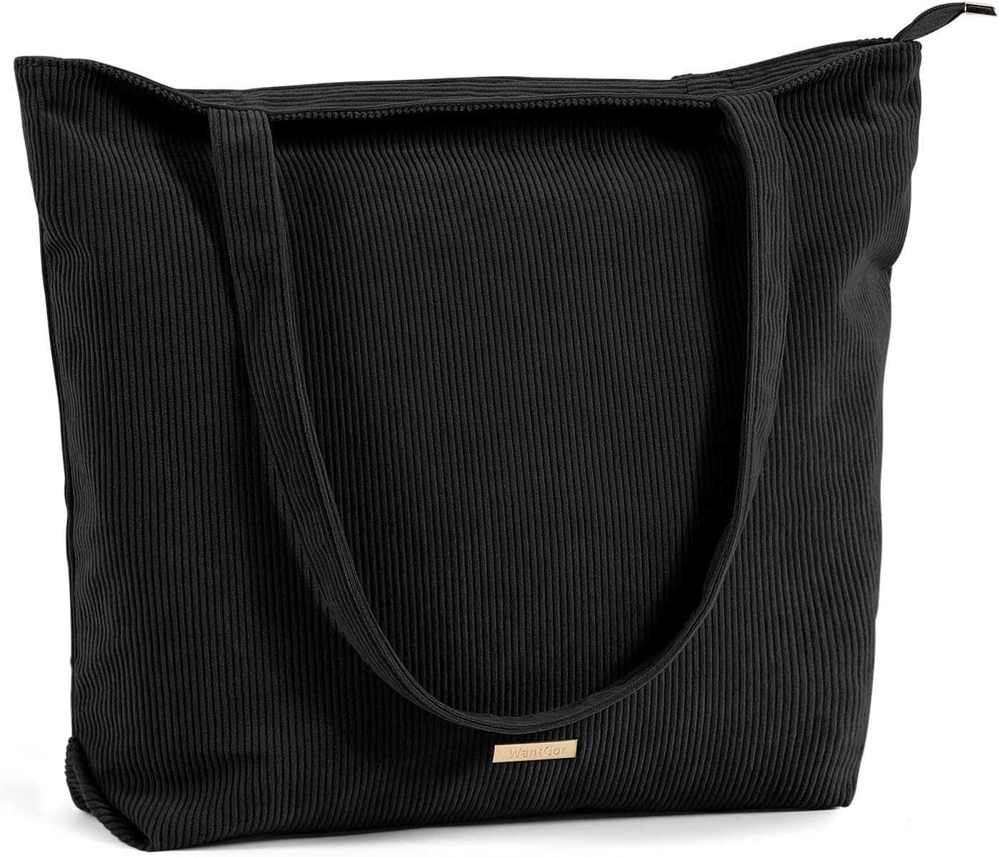 WantGor Women Corduroy Tote Bag Large Shoulder Casual Zipper Handbags Work Travel Shopping Bag with Pockets Z250922