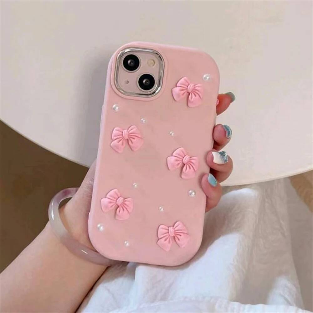 Cute 3D Pink Bowknot Phone Case For iPhone 15 14 13 12 16 Pro Max 11 XR 8 Plus SE Protective Cover With Bow Pearl Chain