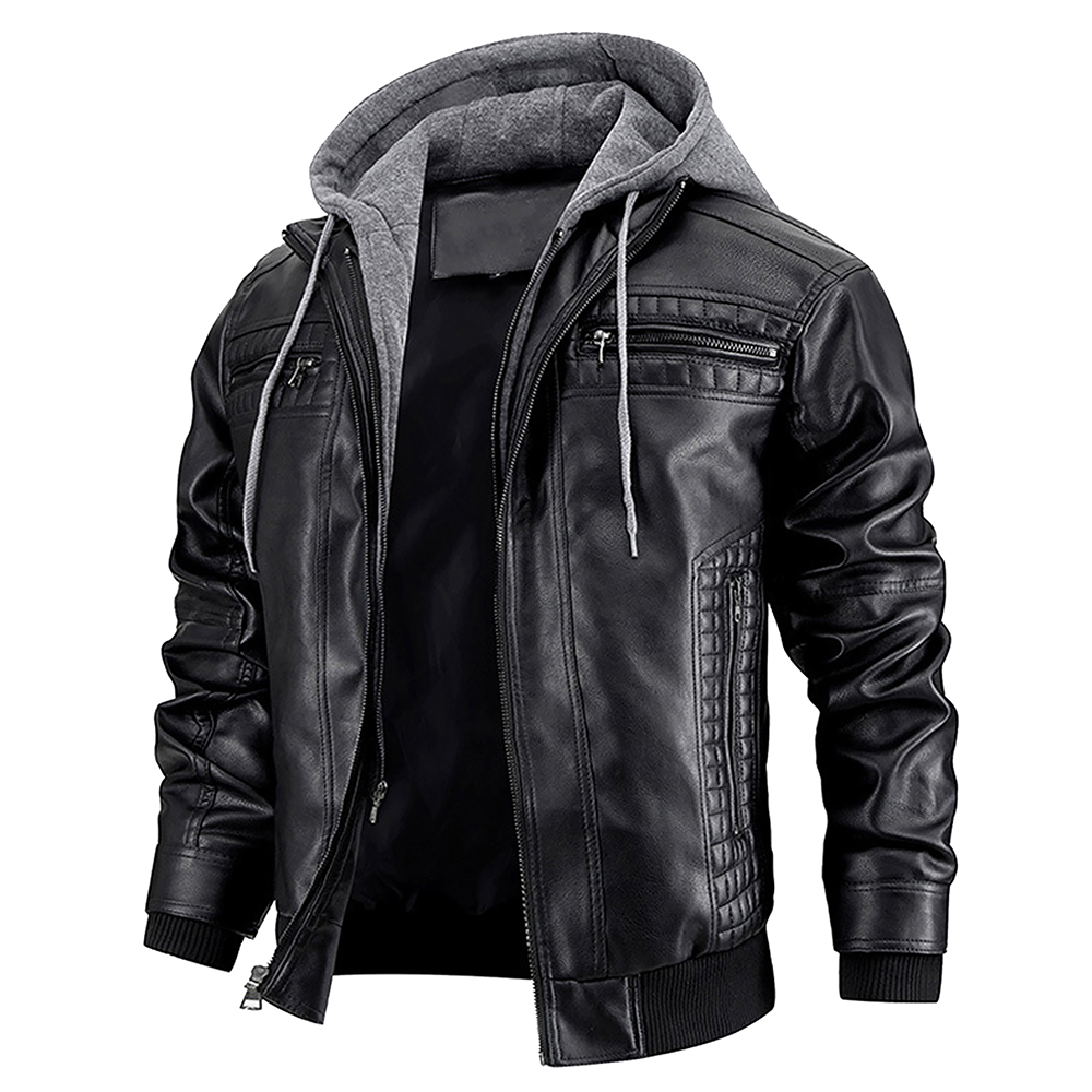 Men's Leather Jackets Autumn and Winter Hooded Motorcycle Jackets Windproof Coldproof and Warm Men Coat Jacket