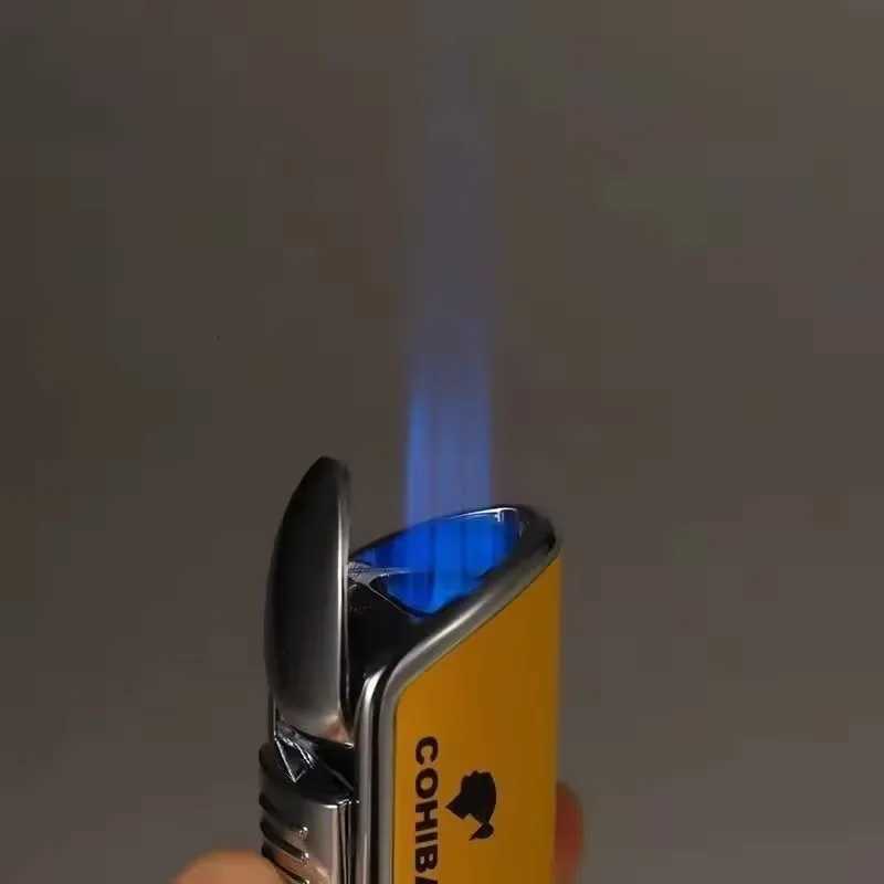 Original Cigar Lighter Metal Outdoor Windproof 3 Jet Blue Flame Turbo Torch Lighter with Cigar Drill Mens Gift F250922