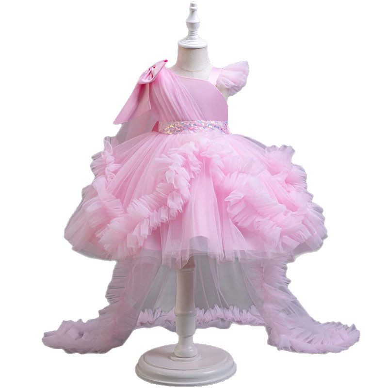 Puffy Girl Dress Pink Baby Dress with Train Flower Girl Dress Bow Cute Kids Child Birthday Dresses Frist Communion Z250716