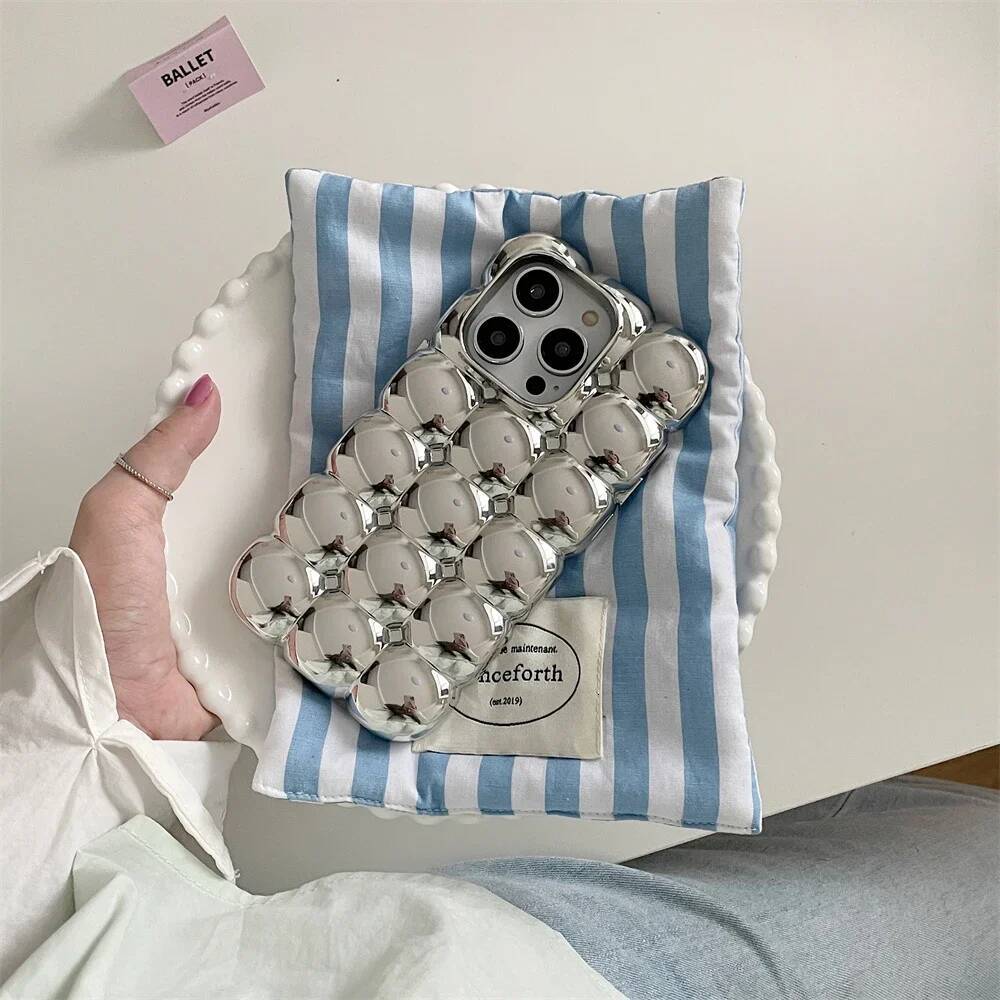 Stylish 3D Grid Plating Sier Case For iPhone 16 15 14 13 12 Pro Max 11 Plain Vintage Lovely Shockproof Cover Funda