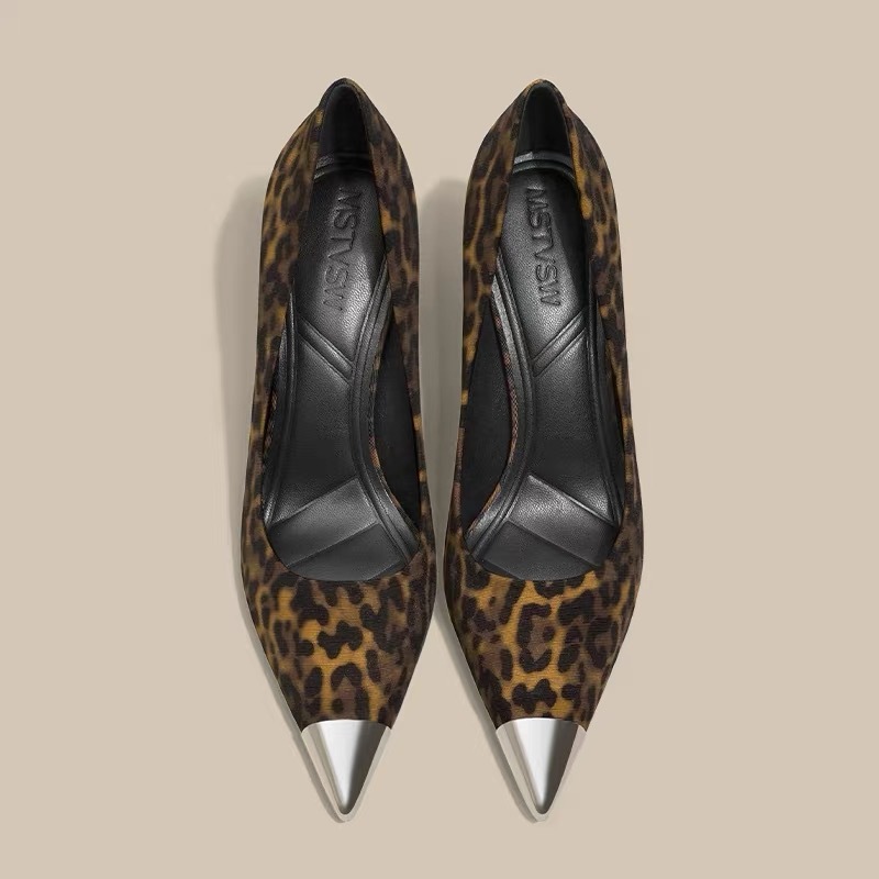 designer heels European and American style banquet high heels thin heels leopard print back void metal pointed toe back loop high-heeled single shoes 