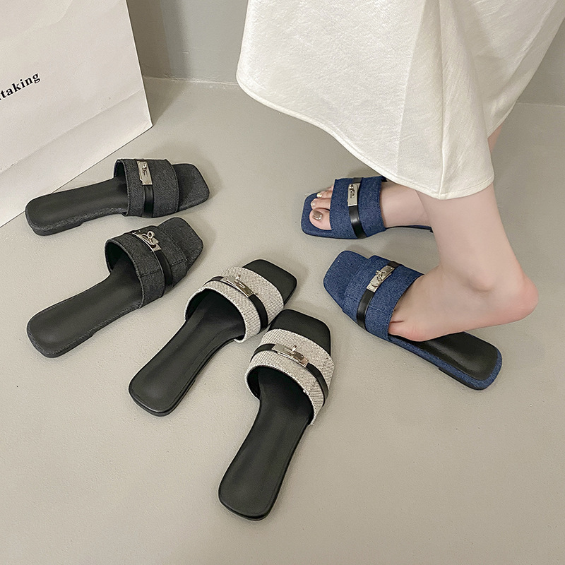 Ddmysports French Style Niche Internet Celebrity Small Lock Buckle One Strap Sandals For Women Spring New Fashion Versatile Solid Color Square Toe Sli