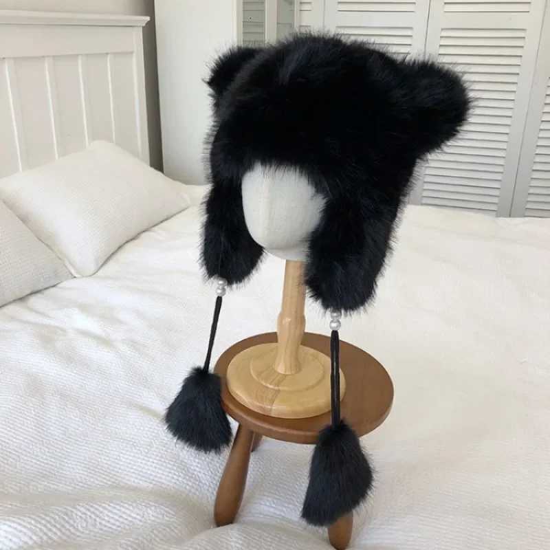 Winter Ear Protection Fluffy Bber Hat Wen Doublelayer Thick P Beanies C Girls Cute Ears Warm Faux Fur Sklies C Y250920