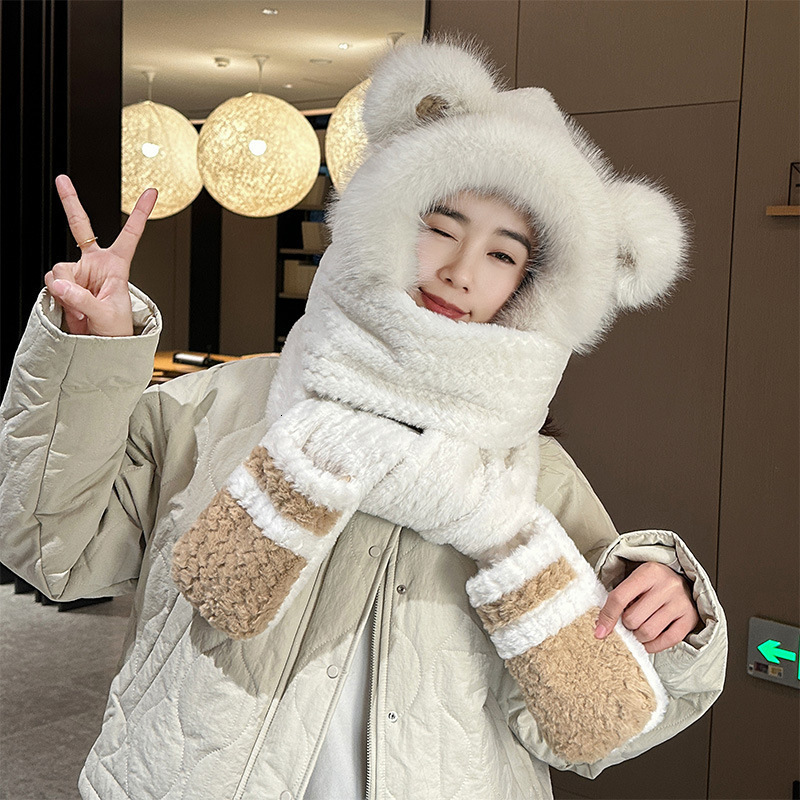 Cold-proof and warm teddy bear plush hat, scarf and gloves all-in-one women's winter thickened ear-protecting cycling cap