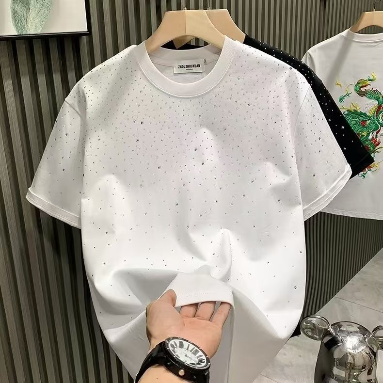 Luxurious men's 3D pattern T-shirt, 220g knitted polyester/cotton, shiny rhinestone, super street style, suitable for any season
