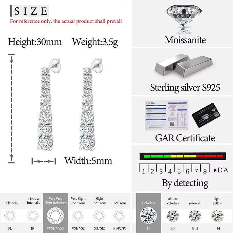 2023 New Arrival Western Style 925 Sterling Silver VVS Moissanite Diamond Tennis Chain Long Dangle Earrings for Women Girls