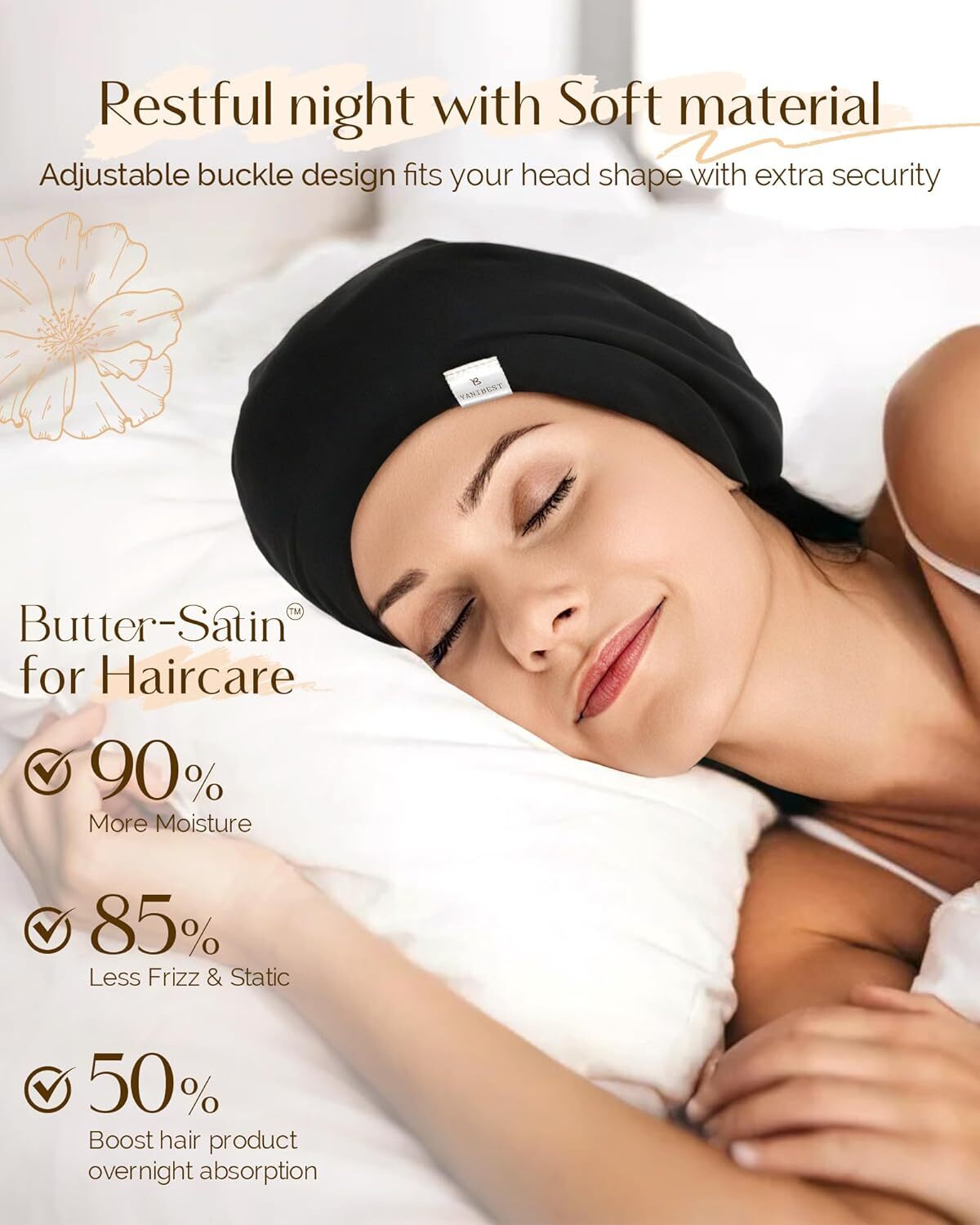 YANIBEST Satin Bonnet Wrap Sleeping - Adjustable Stay on Silk Lined Slouchy Beanie Hat for Curly Hair and Braids