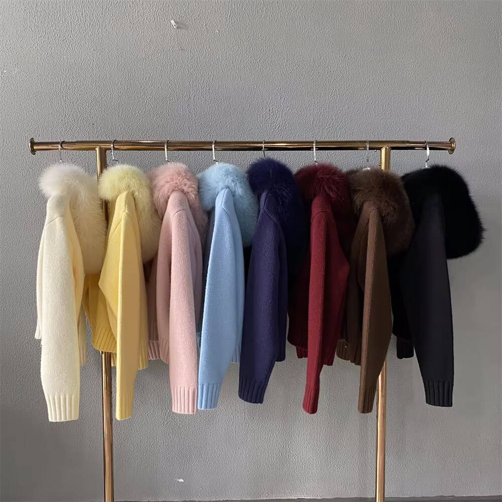 Short Outwear Knitted Jacket Zipper Warm Wholesale Soft Winter Luxury Big Real Fox Fur Collar Hooded Womens Cardigan Sweater