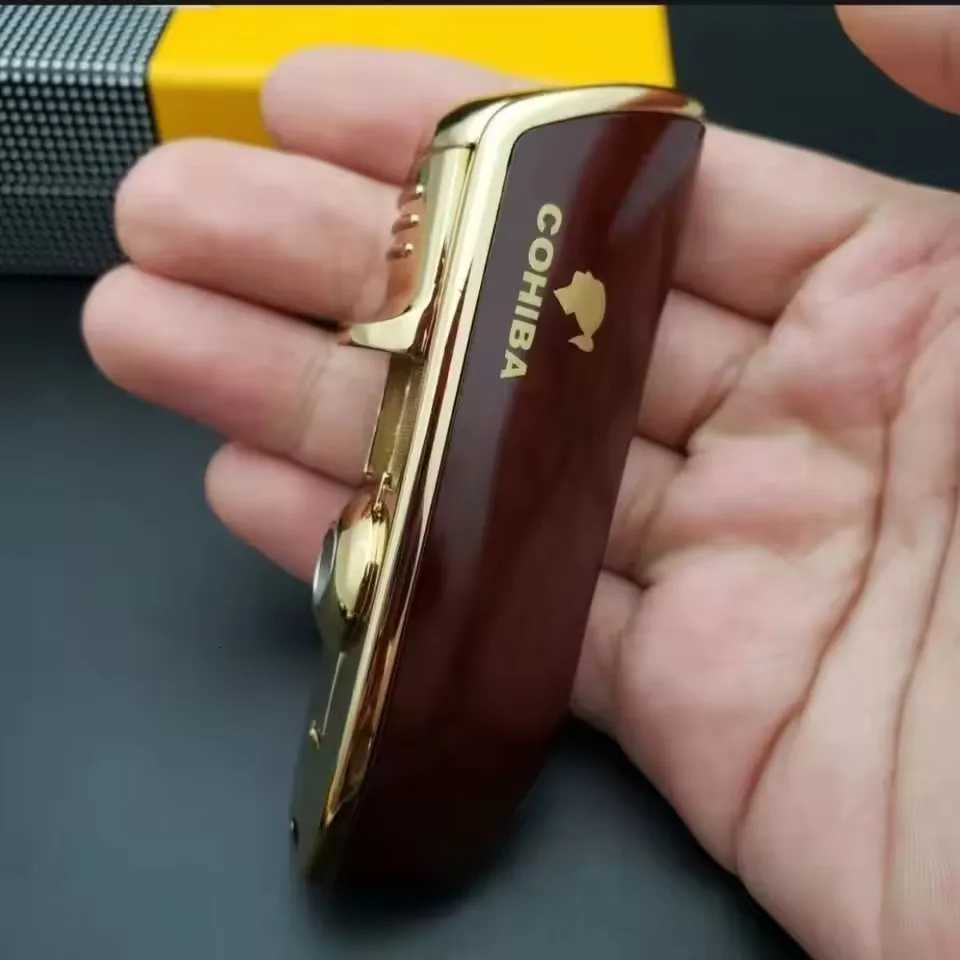 Original Cigar Lighter Metal Outdoor Windproof 3 Jet Blue Flame Turbo Torch Lighter with Cigar Drill Mens Gift F250922