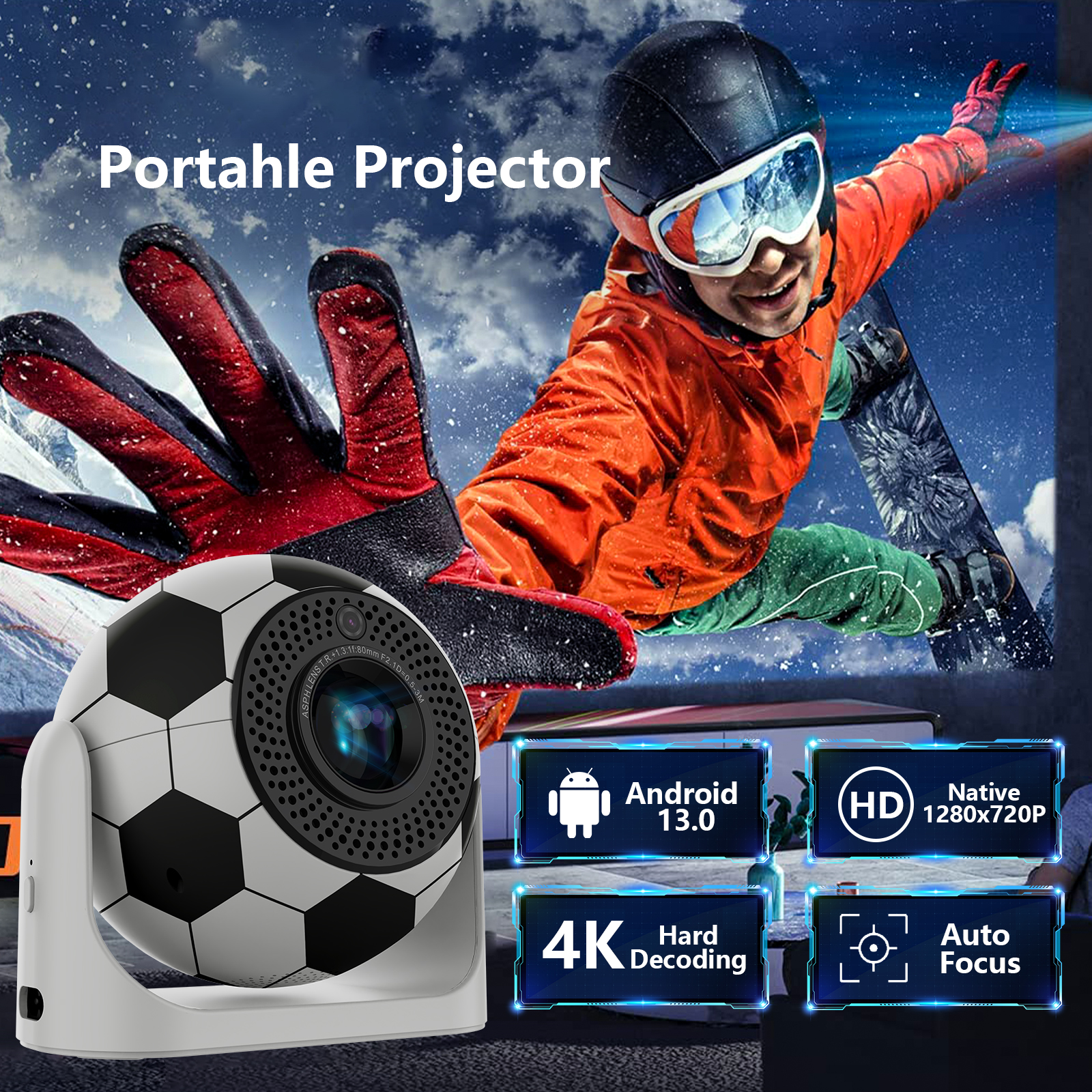 2025 Portable Projector 160 ANSI 1280*720P Android 13.0 BT 5.0 With 2.4/5G WiFi6 2+8GB Round Design Movie Projector 40"- 100" Screen, 180° F