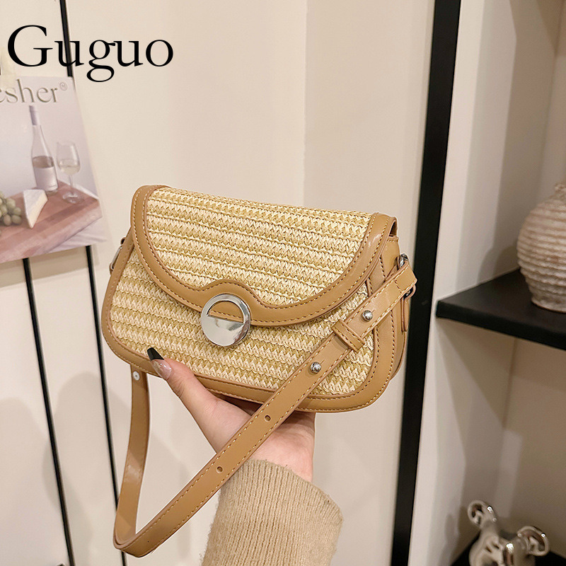Luxury Bag Guguo Designer Bag Leopard Print Color-blocking Underarm Lock Small Bag For Women 2025 New Beach Woven Bag Crossbody Straw Woven Small Squa