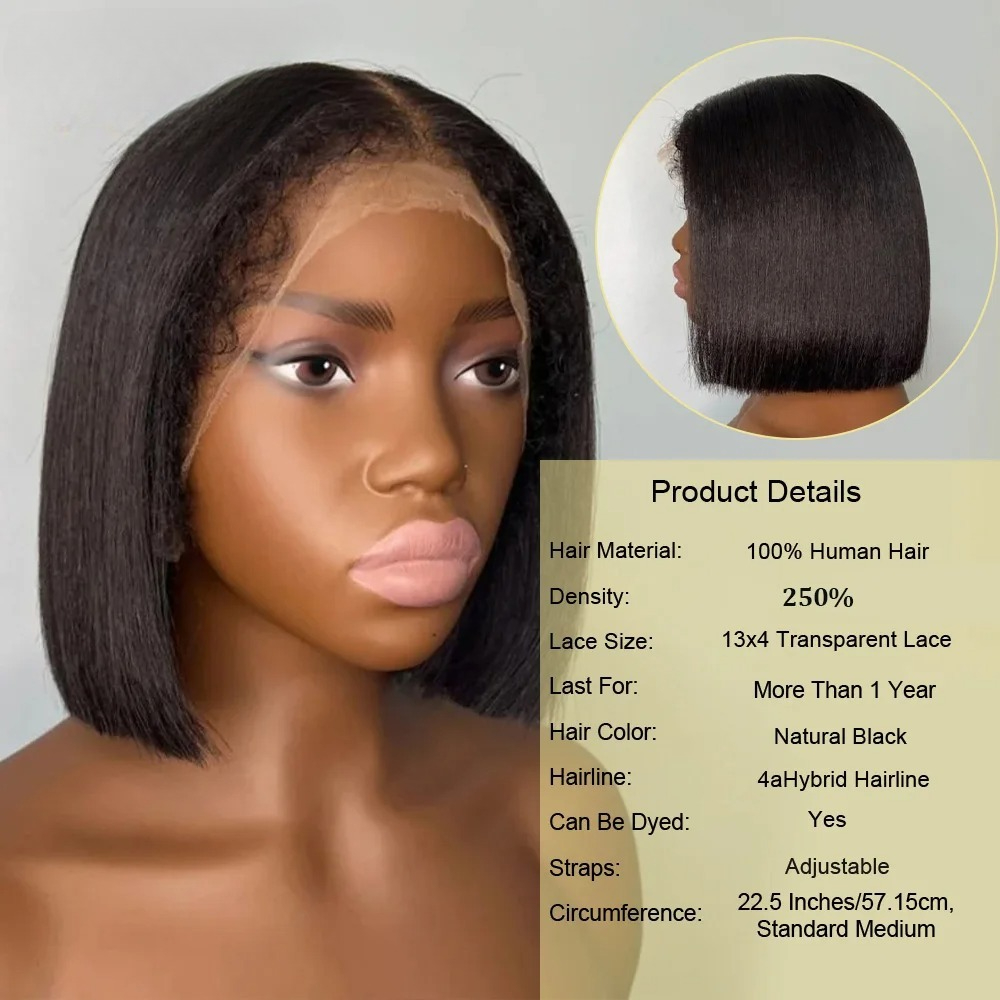 Black Kinky Straight Human Hair Wigs 4c Edges Short Bob Lace Wig Yaki Straight 13x4 13x6 HD Lace Frontal Wig Brazilian Hair Preplucked Ready To Wear f