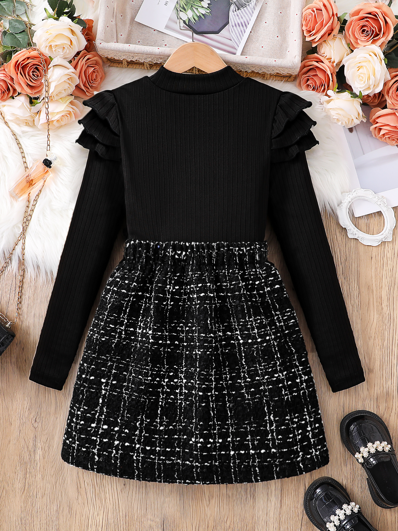Toddler Girl 2pcs Set: Black Ruffled Sleeve Top & Tweed Plaid Skirt, Elegant Little Girl Outfit-KJ1C4469A