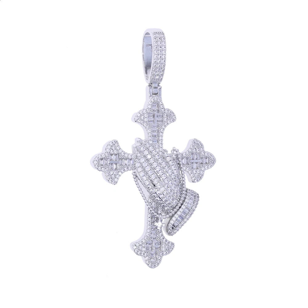 Iced Out Devout Hands Praying Cross Pendant Necklace for Men Prong Setting Cubic Zirconia Letter God Fidence Hip Hop Jewelry 250920