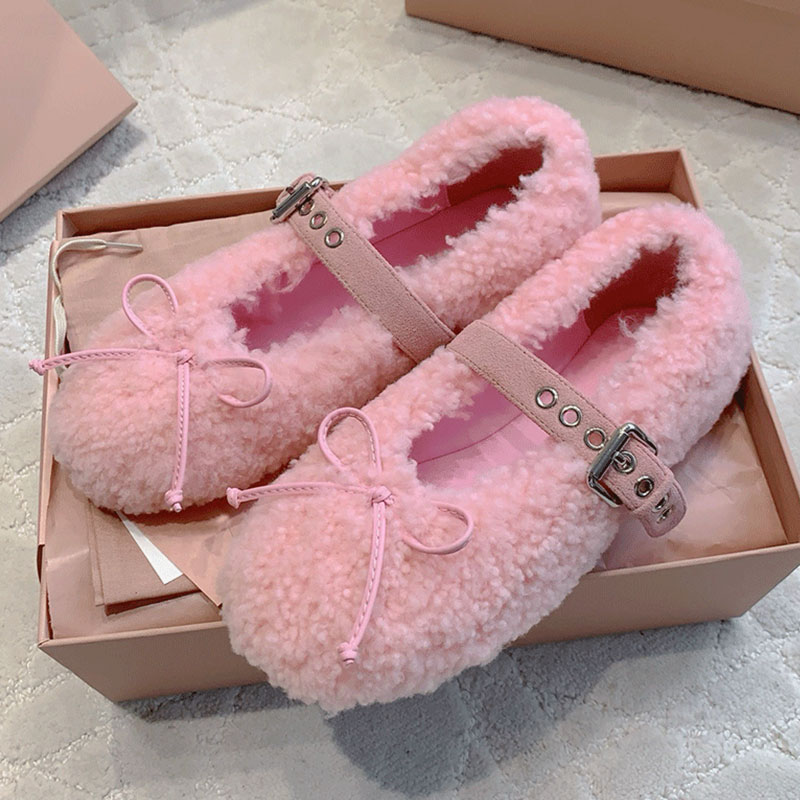 Designer shoe woman Luxury Shearling mary jane ballet flat Suede Loafers 2025 Ladies New Bean Shoes Womens Autumn Winter fluffy Furry warm Wool Loafer Shoe