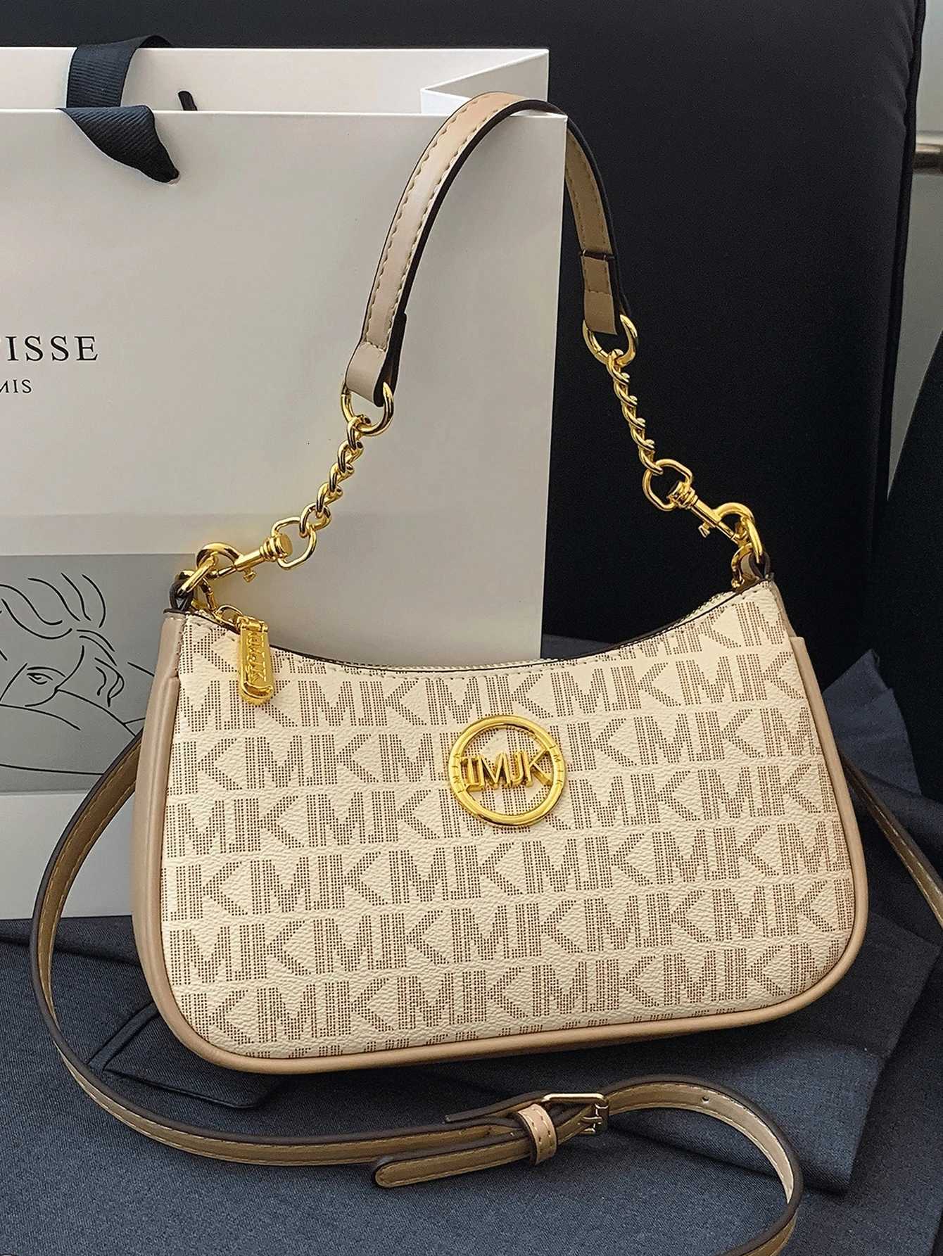 Leather Crescent Moon Shoulder Bag with Gold Chain Adjustable Crossbody Vintage Geometric Print Embossed Design Cream White Milk H260423