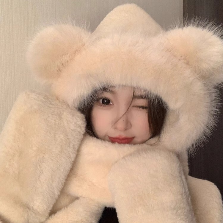 New plush hat for women in autumn and winter, three-piece set for women, Korean-style warm hat, scarf and gloves all in one