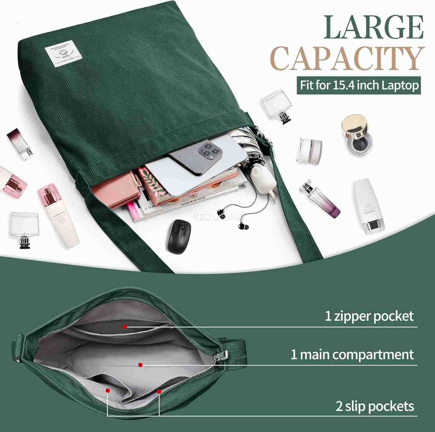 Corduroy Tote Bag for Women Casual Zipper Tote Handbag Large Crossbody Hobo Shoulder Bag Work Fashion Women Purse Z250922