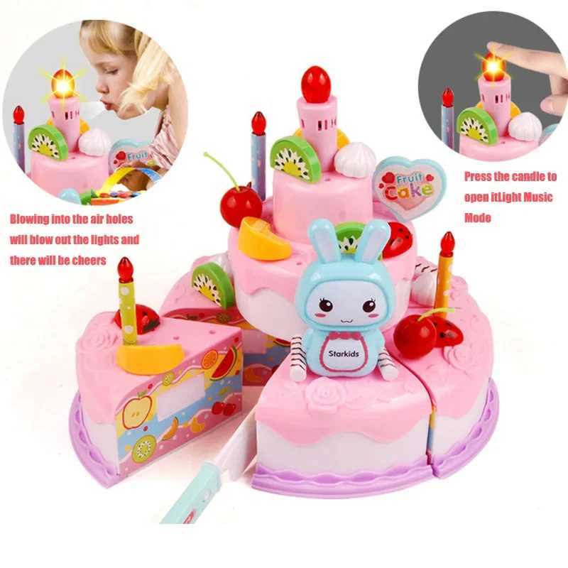 Kids Toy Simulation DIY Birthday Cake Model Kitchen Pretend Play Cutting Cake Toy with Light and Music Blowing Candles Girl Gift C250922