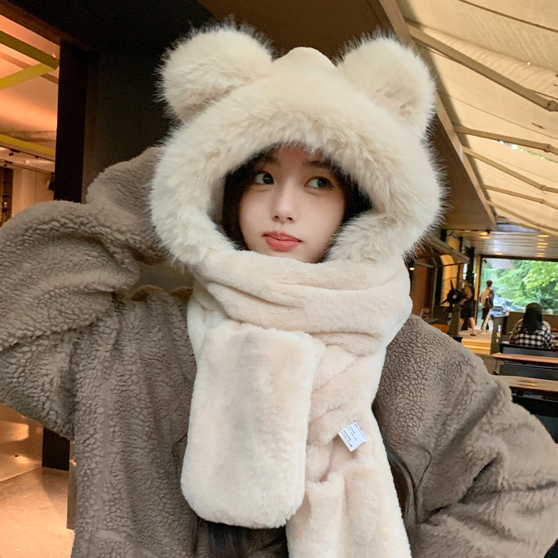 New plush hat for women in autumn and winter, three-piece set for women, Korean-style warm hat, scarf and gloves all in one