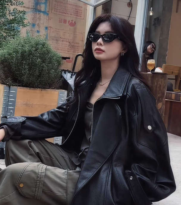 Womens Y2k Autumn Fashion Street Loose Casual Retro Heavy Double-Layer Collar Profile Jacket Leather Coat Female 241028