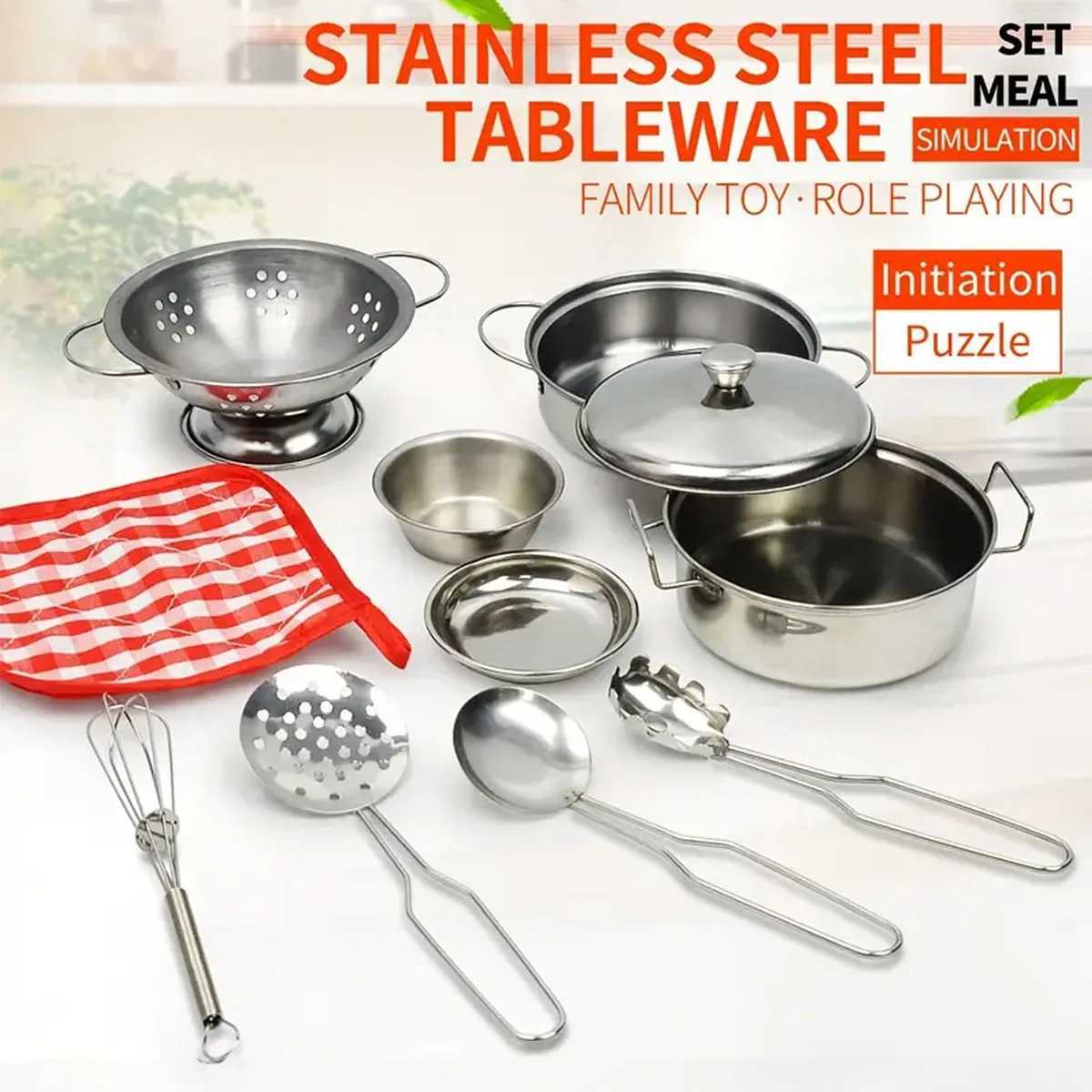 Mini StainlessSteel Kitchen Toys Play House Cooking Utensil Toys For Kids Cookware Pots Play Set Educational Kitchen Playset C250922