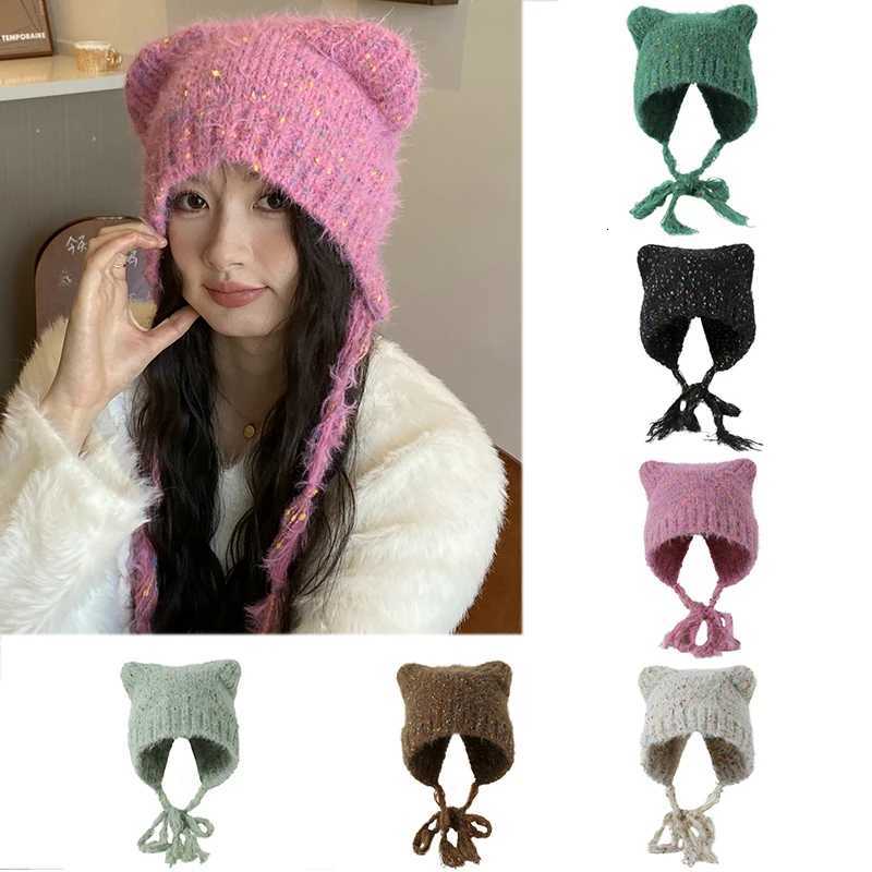 Cute Beanie Autumn Winter Wen Warm Janese Knit Hat e Cs Ear Protection Tie Pr Hat Gorro Bonnet Y250920