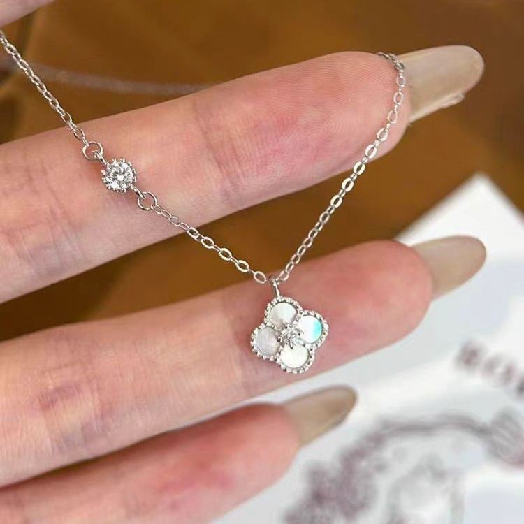 2025 New White Shell Moissanite Chain Four Leaf Clover Bracelet Zircon Rhombus Hollow Flower Light High-end Necklace for Women High-End Luxury Jewelry