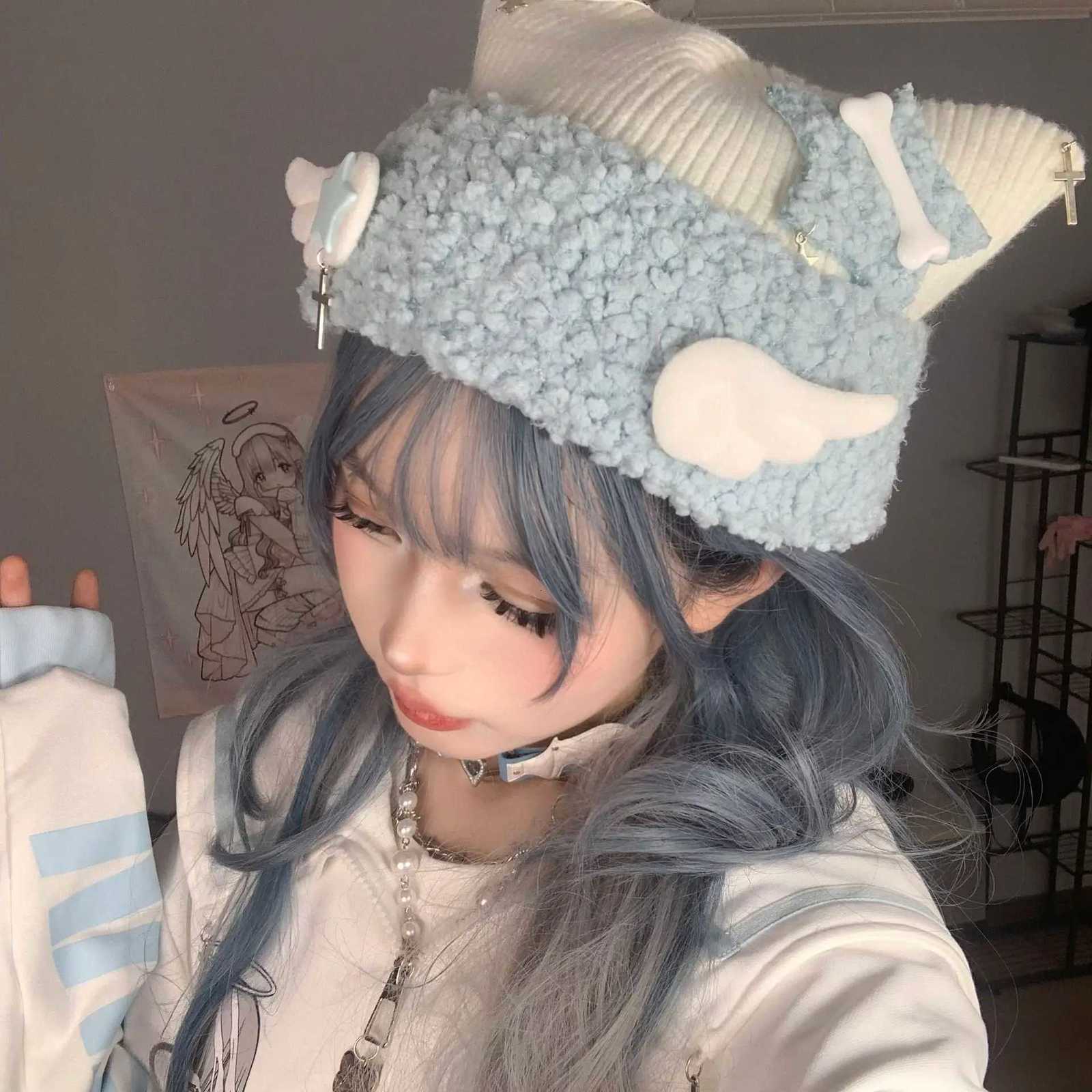 Wen Harajuku Gothic Lolita Angel Wings Beanie Hat Janese Y2K Girl Cross Star Bone Cat Ear C Autumn Winter Warm Knitted Hat Y250920