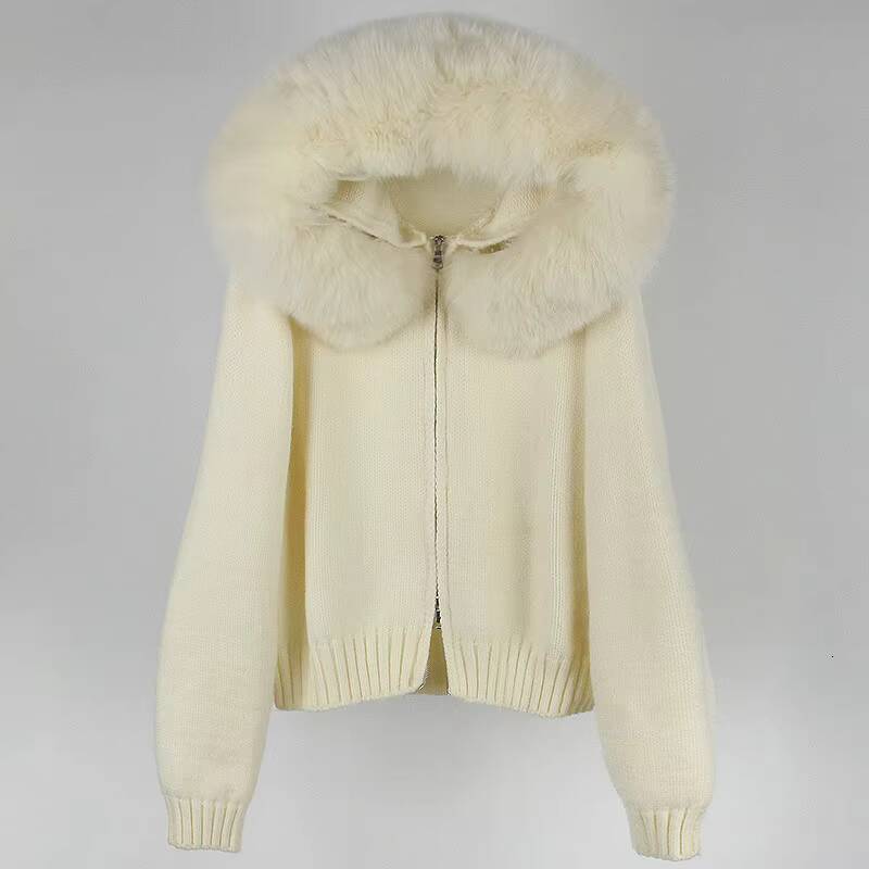 Wholesale Soft Winter Luxury Big Fur Trim Hood Womens Cardigan Sweater