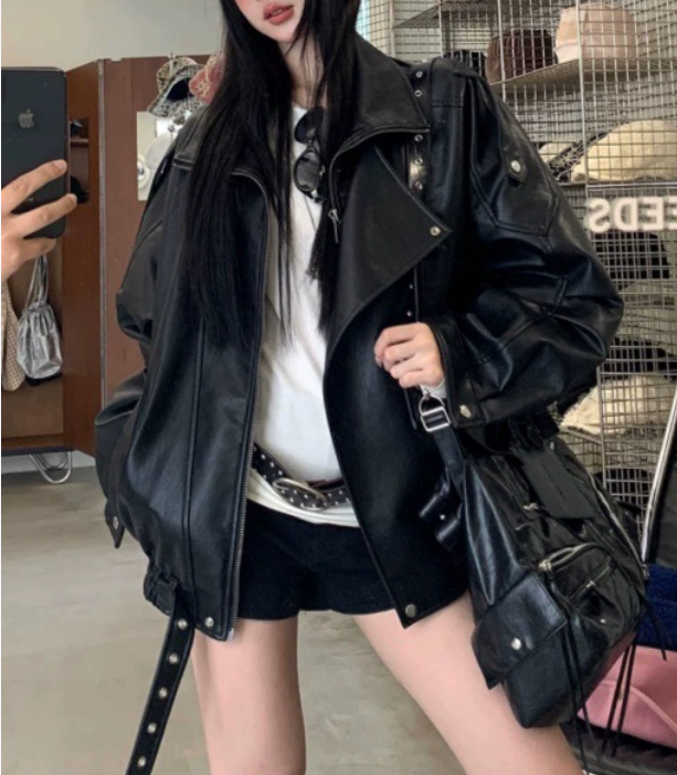 Womens Y2k Autumn Fashion Street Loose Casual Retro Heavy Double-Layer Collar Profile Jacket Leather Coat Female 241028