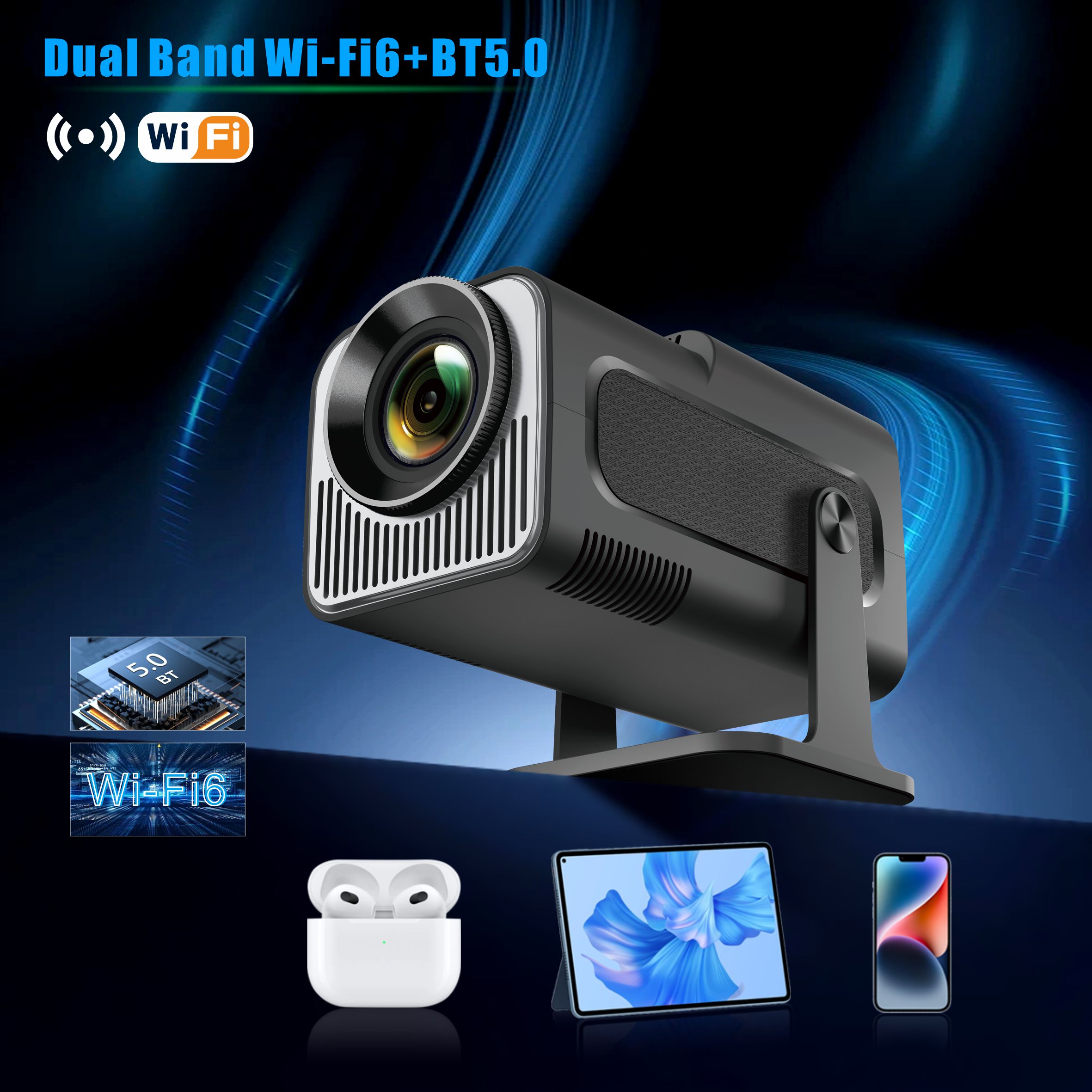 2025 Portable Projector 200 ANSI 1280*720P BT 5.0 Android 11.0 With 2.4/5G WiFi6 8GB Round Design Movie Projector 30"- 150" Screen, 180° Fli