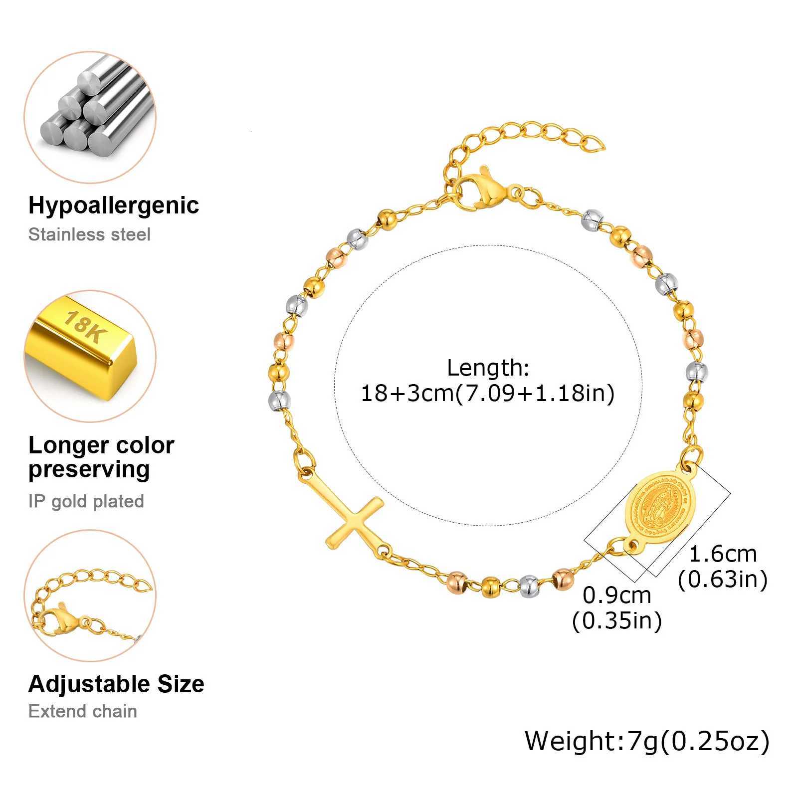 Vnox Stainless Steel Beaded Virgin Mary BraceletCharm Rosary Cross Chain Bracelet For WenReligion Christ Three Color Jewelry X250922