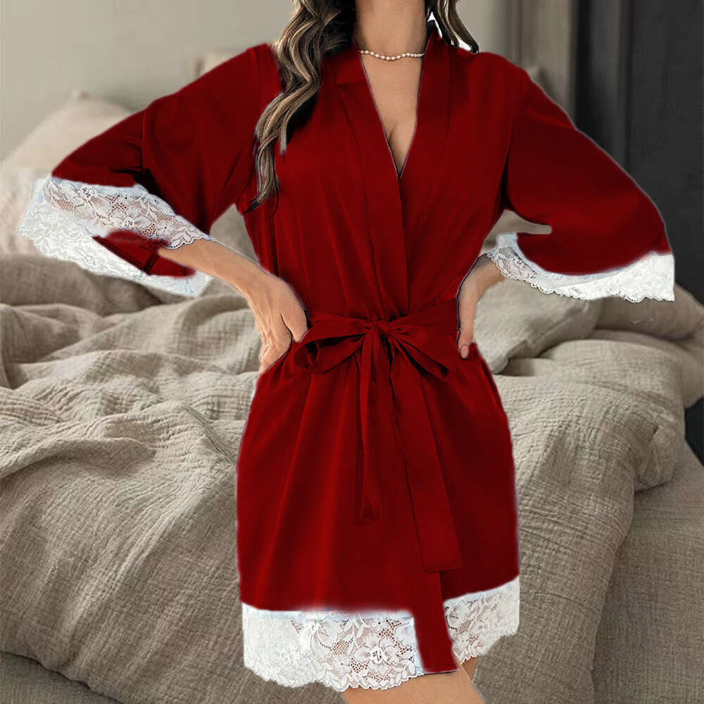 High end satin lace robe, lace lace pajamas with tie up casual nightgown for home and home wear, an ideal choice for elegant pajamas