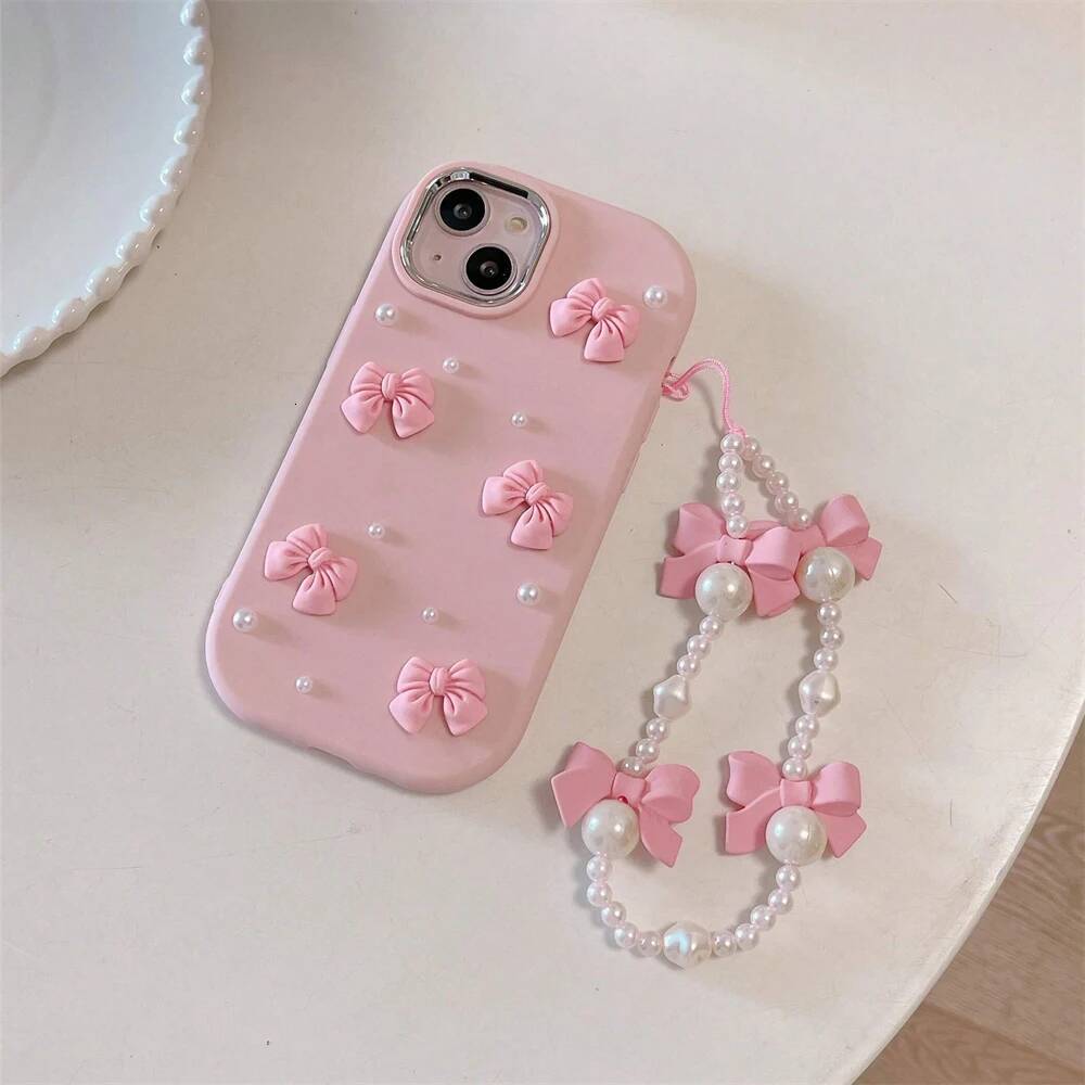 Cute 3D Pink Bowknot Phone Case For iPhone 15 14 13 12 16 Pro Max 11 XR 8 Plus SE Protective Cover With Bow Pearl Chain