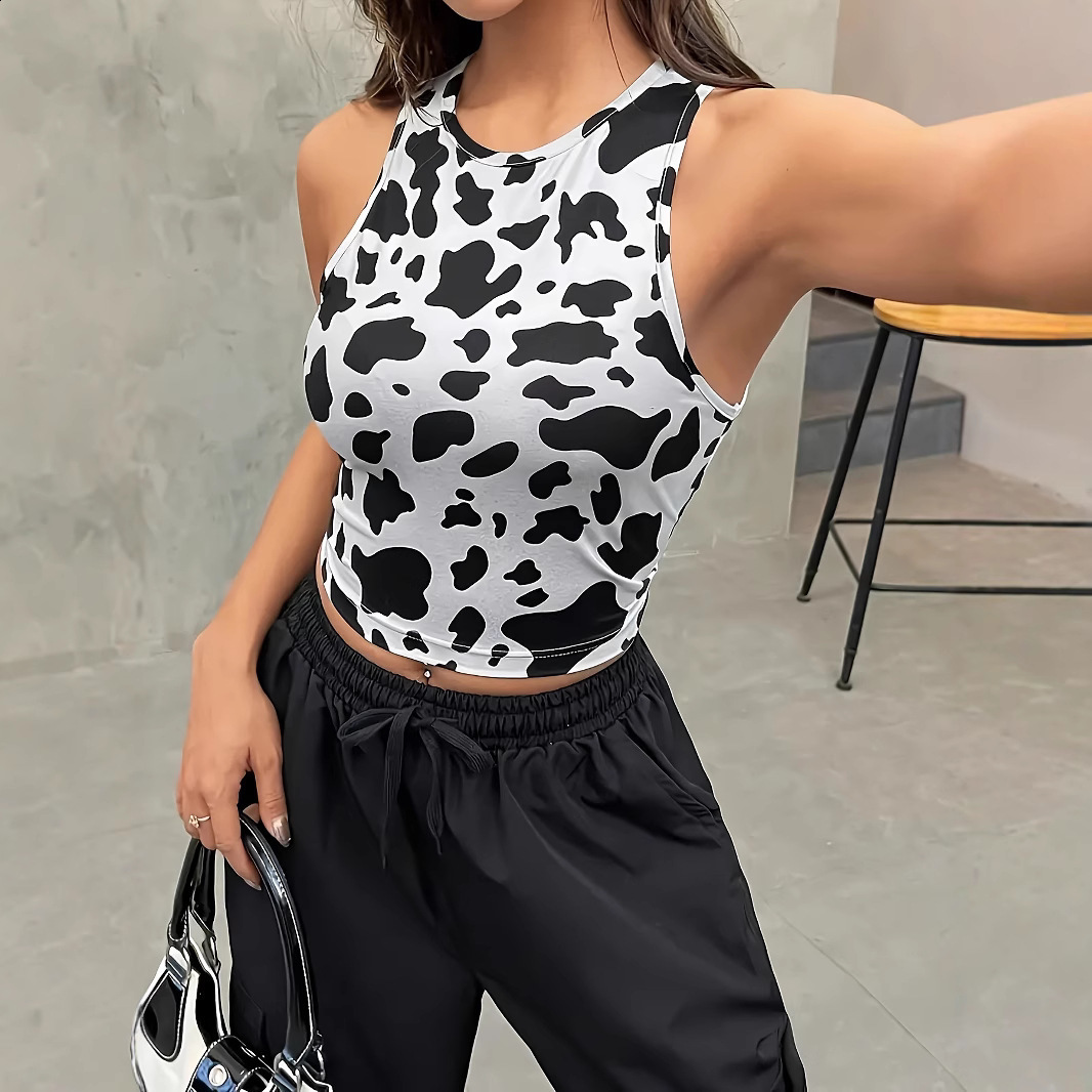 Womens Sleeveless Vest Cow Texture Pattern 3D Digital Printing Street Fashion Round Neck Casual Top 240822
