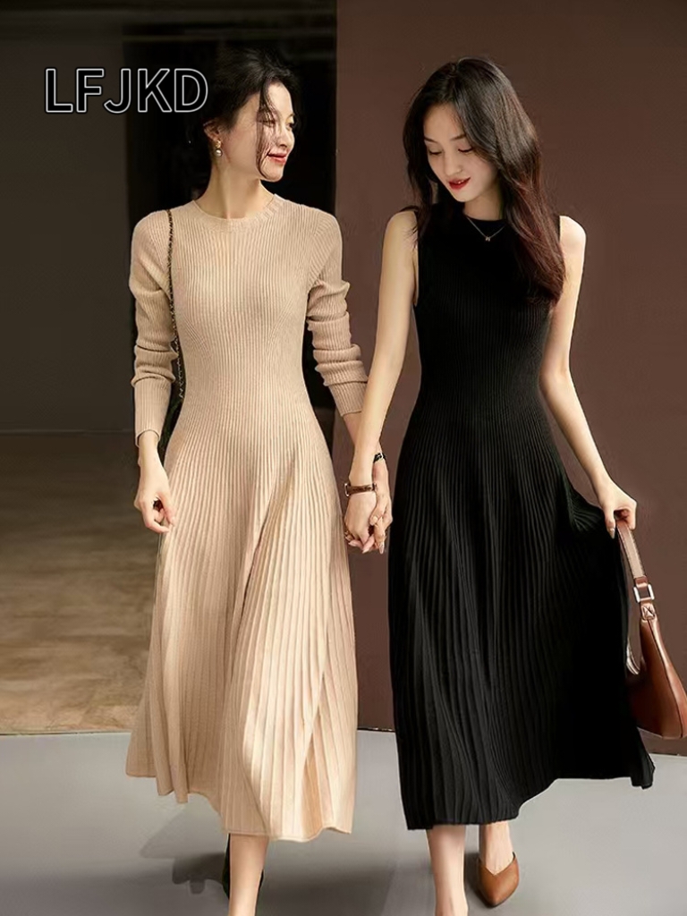 K2214 Autumn and winter new pure wool round neck knitted dress long sleeves women's warm solid color pleated long skirt
