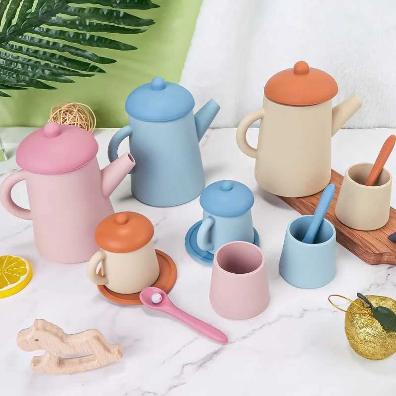 Childrens Tea Set Toys Silicone Food Grade Baby Playhouse Simulation Teapot Tea Cup Set Toys for Girls To Play Kitchen Toys C250922