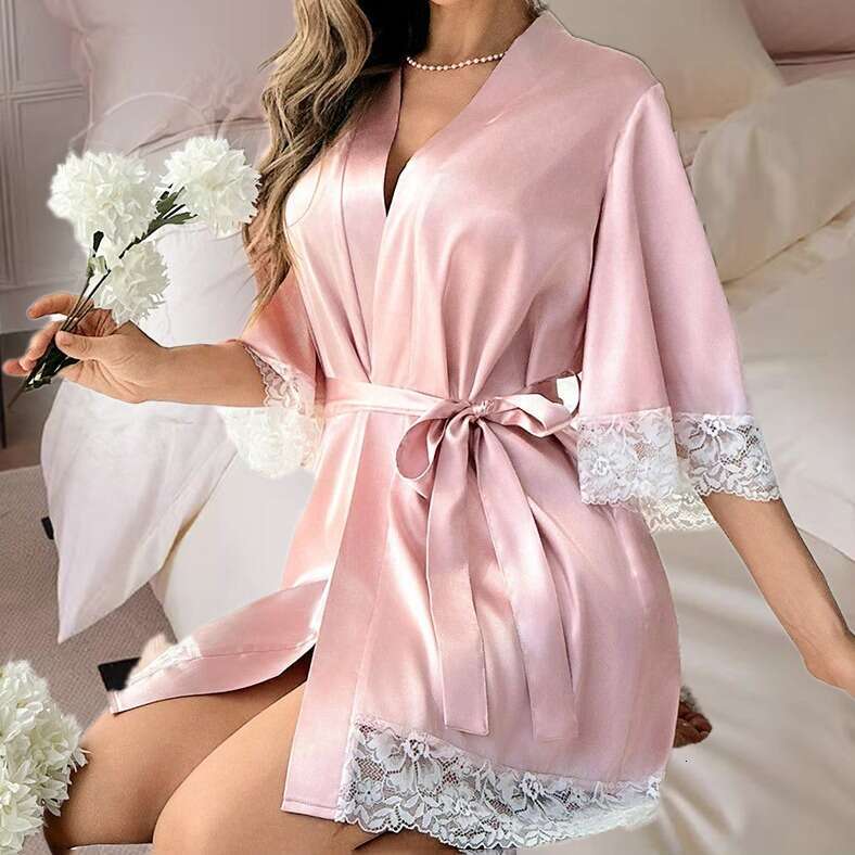 High end satin lace robe, lace lace pajamas with tie up casual nightgown for home and home wear, an ideal choice for elegant pajamas