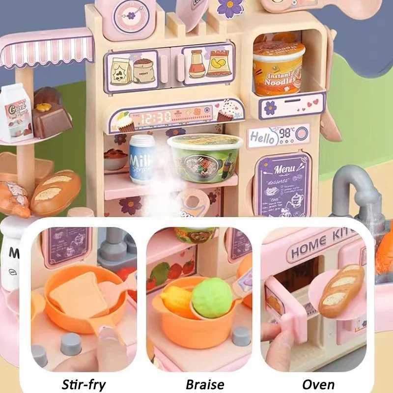 Large Children Simulation Kitchen Toy Set Lampligh Sound Effect Spray Kitchen Food Cooking Dining Table Play House Toys Gifts C250922