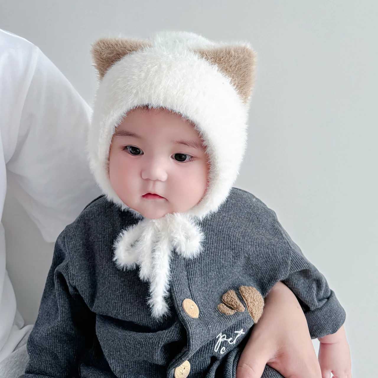 Cute Cat Ears Baby P C Winter Warm Laceup gear Bonnet Cartoon Children Beanies 624Month Toddler Ear Protection Hat Y250920