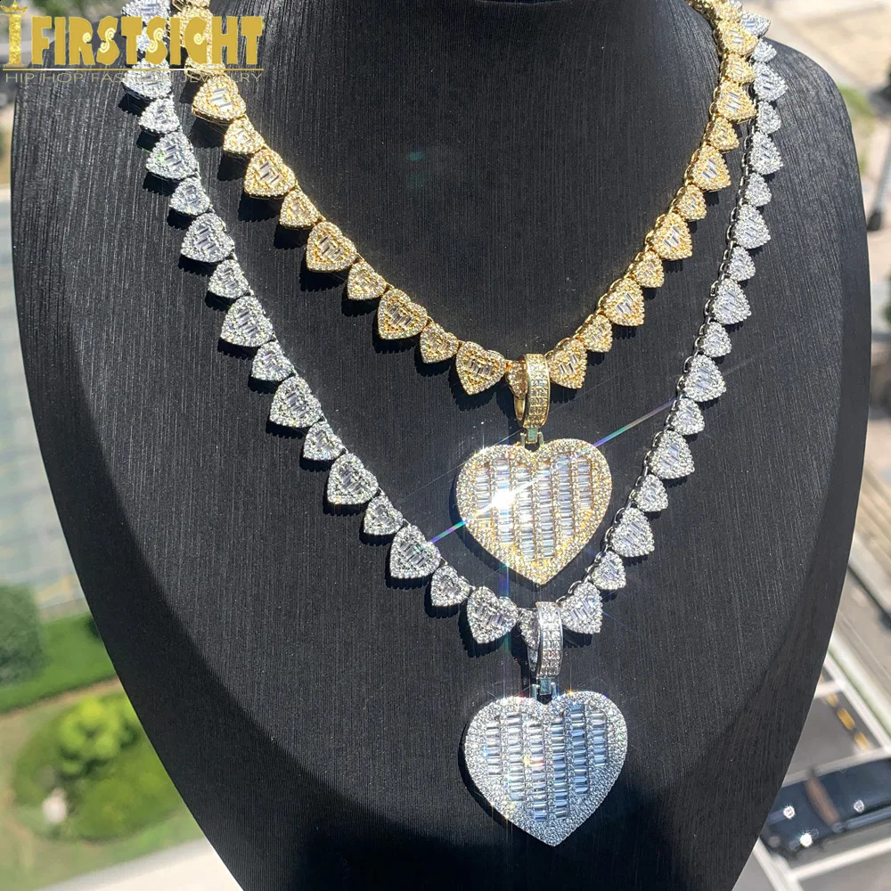 Iced Out Heart Pendant Necklace Bling Full Paved Cubic Zirconia Heart Charm Link Chain Choker For Women Hip Hop Jewelry 250920